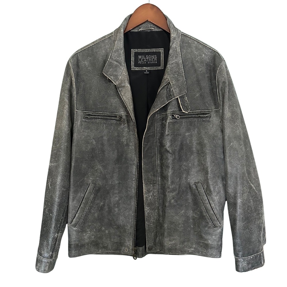 Wilsons Leather Jacket Mens S Grey Excellent Distressed Pelle Studio 19776 Moto